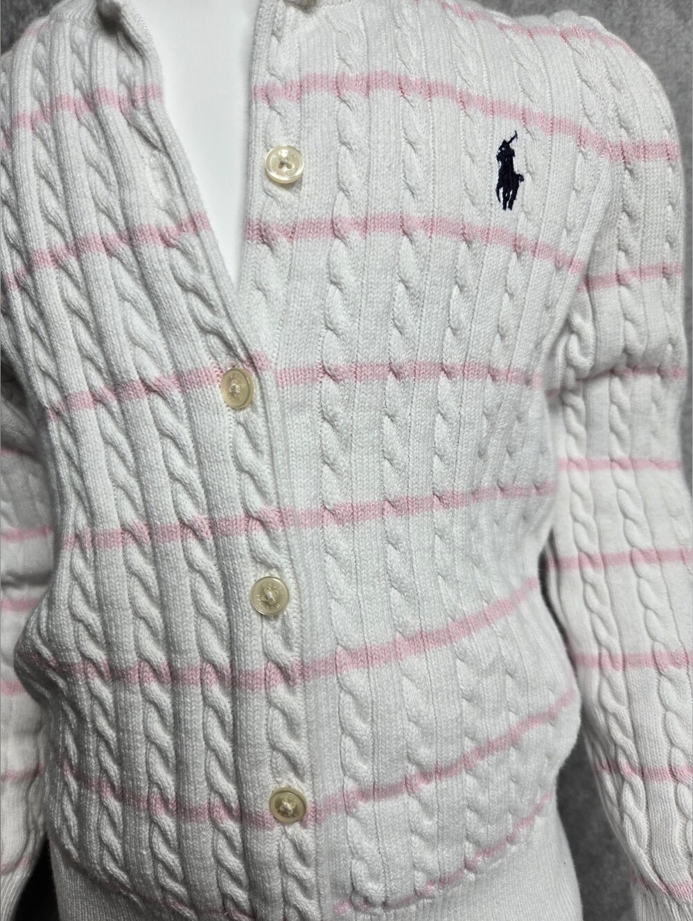 Ralph Lauren White Cable-Knit Cardigan with Light Pink Stripes - Picture 2 of 8